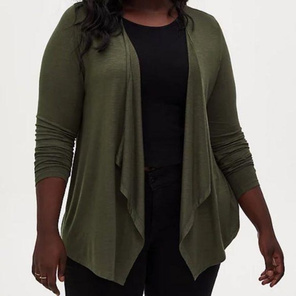 SUPER SOFT SLUB OLIVE GREEN DRAPE FRONT CARDIGAN